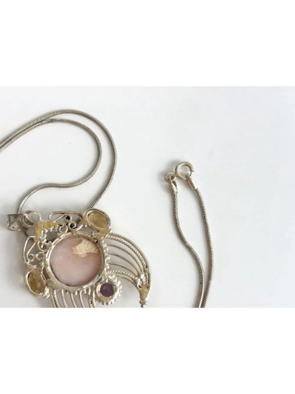 Rose Quartz Amethyst & Citrine Sterling Silver 925 Vintage Pendant Necklace 20
